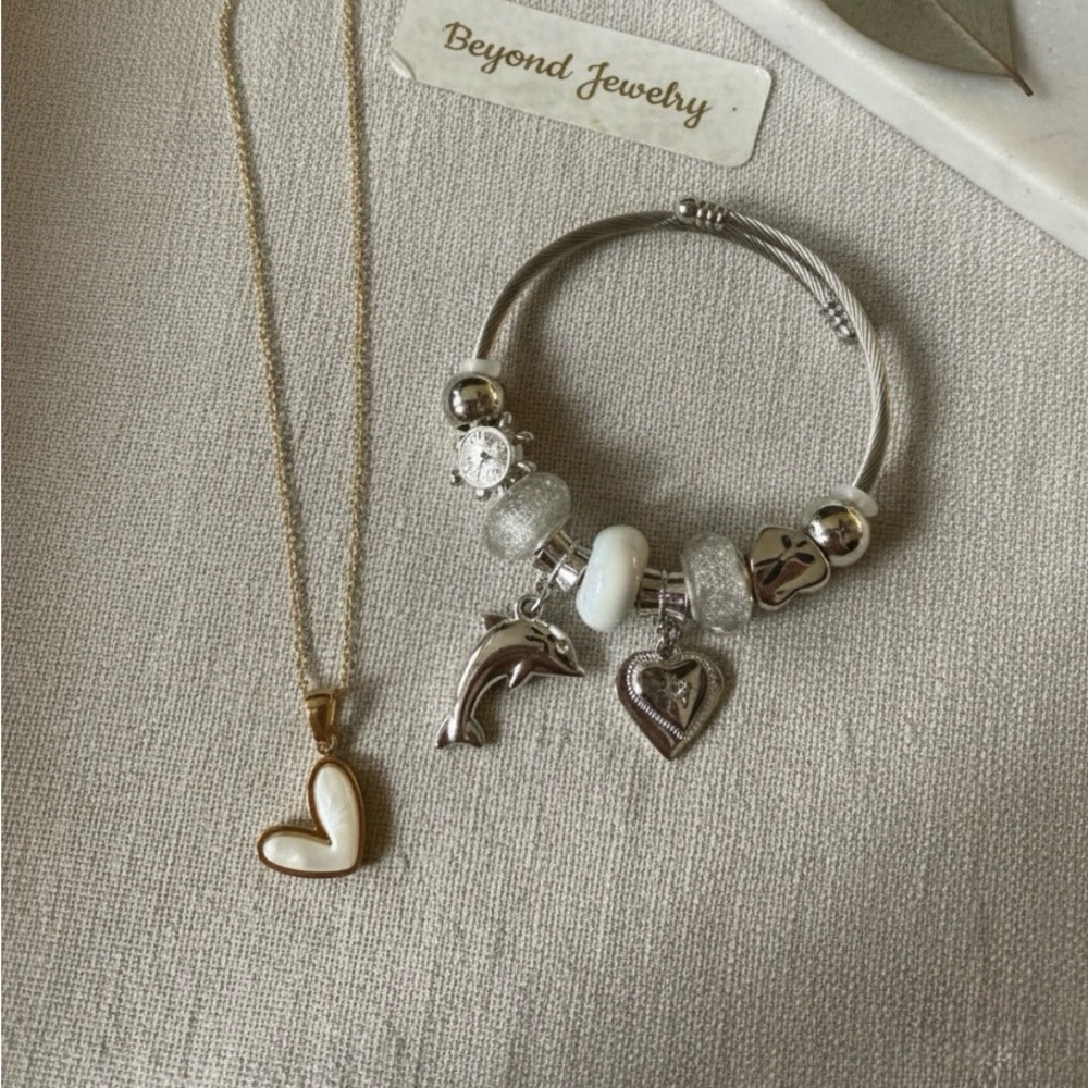 Silver and Gold Heart Necklace and Bracelet Set